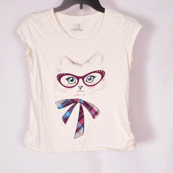CRB Girl Cat Design Gathered Sides Tee Shirt Size Medium 10.5-12.5 - Picture 1 of 6